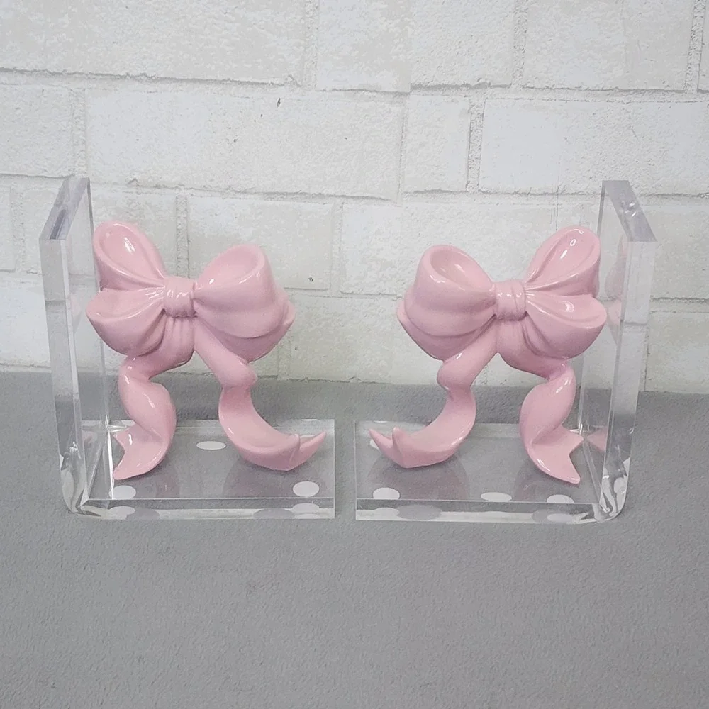 Pink Bow Bookends Coquette Bookend Acrylic Resin Girly Office Nursery 2 Pc Clear